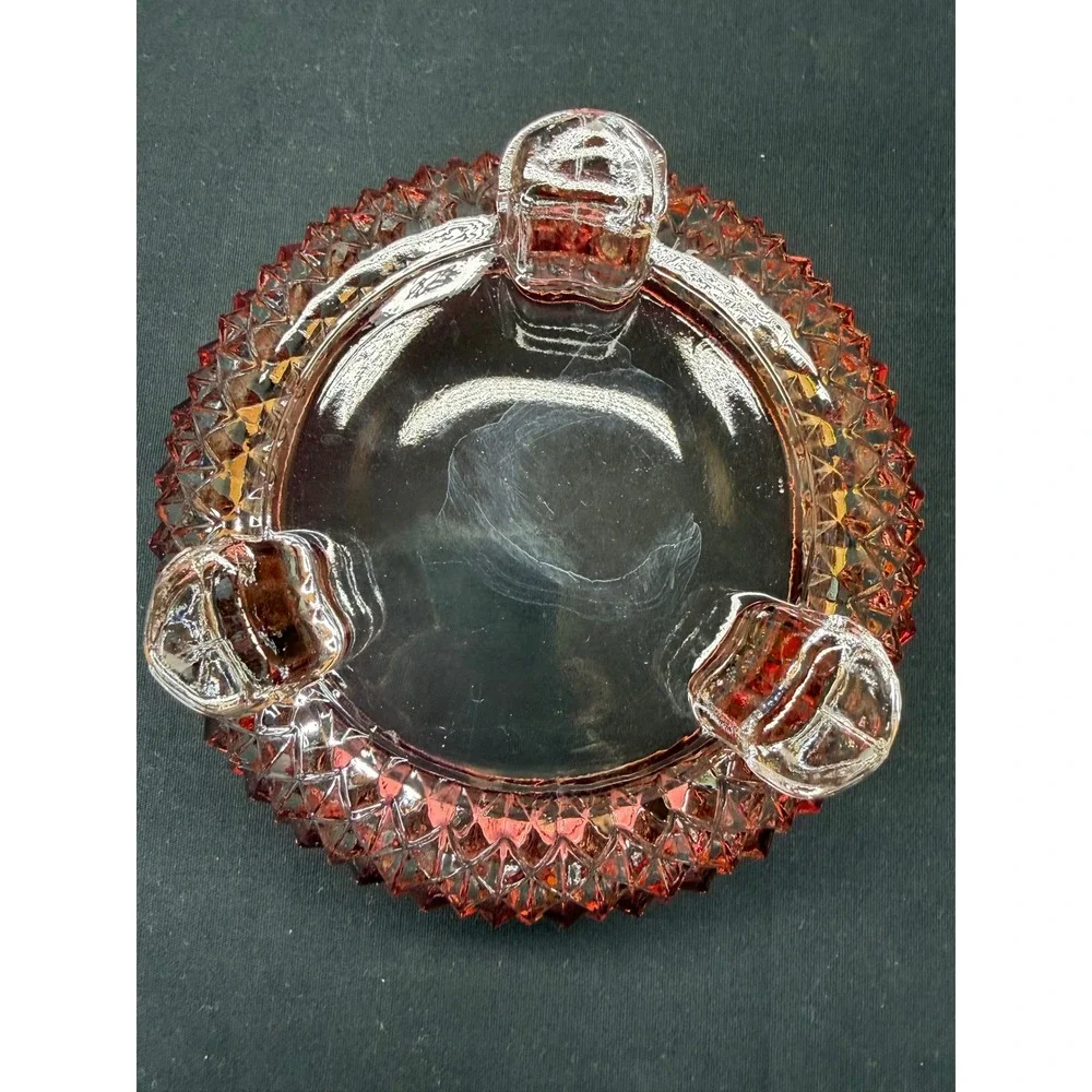 Vtg Ruby Red Flash Clear Diamond Point Pattern Footed Glass Bowl Scalloped Edge